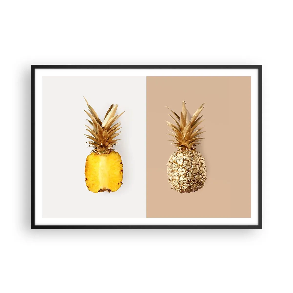 Póster en marco negro - Media piña fresca y dorada sobre un fondo contrastante. - 100x70cm - Piña y media - Decoración de pared moderna para salón y dormitorio ARTTOR