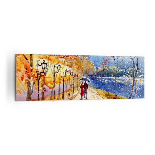 Cuadro sobre lienzo - Impresión de Imagen - Un paseo otoñal por el parque a orillas del río bajo una sombrilla. - 160x50cm - Juntos hasta el límite del tiempo - Decoración de pared moderna para salón y dormitorio ARTTOR