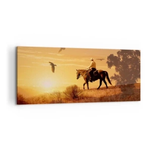 Cuadro sobre lienzo - Impresión de Imagen - Un jinete a caballo al atardecer contra la pradera. - 120x50cm - Solo a través de la pradera - Decoración de pared moderna para salón y dormitorio ARTTOR