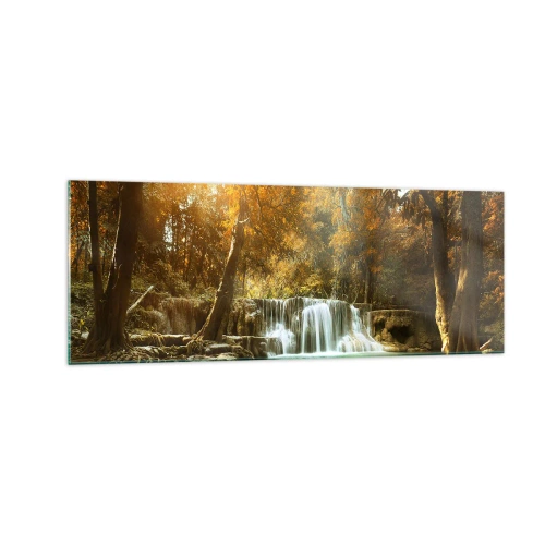Cuadro sobre vidrio - Impresiones sobre Vidrio - Paisaje otoñal con cascada - 140x50cm - Una cascada en el parque - Decoración de pared moderna para salón y dormitorio ARTTOR