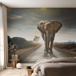 Fotomural Premium Sand - Un elefante caminando por una carretera a la luz del sol poniente. - 100x70cm - Y para nada en un almacén de porcelana - Decoración de pared moderna para salón y dormitorio ARTTOR