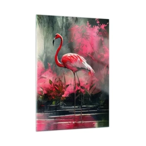 Cuadro sobre vidrio - Impresiones sobre Vidrio - Dos flamencos en un entorno tropical junto al agua. - 50x70cm - Una lección de encanto natural - Decoración de pared moderna para salón y dormitorio ARTTOR