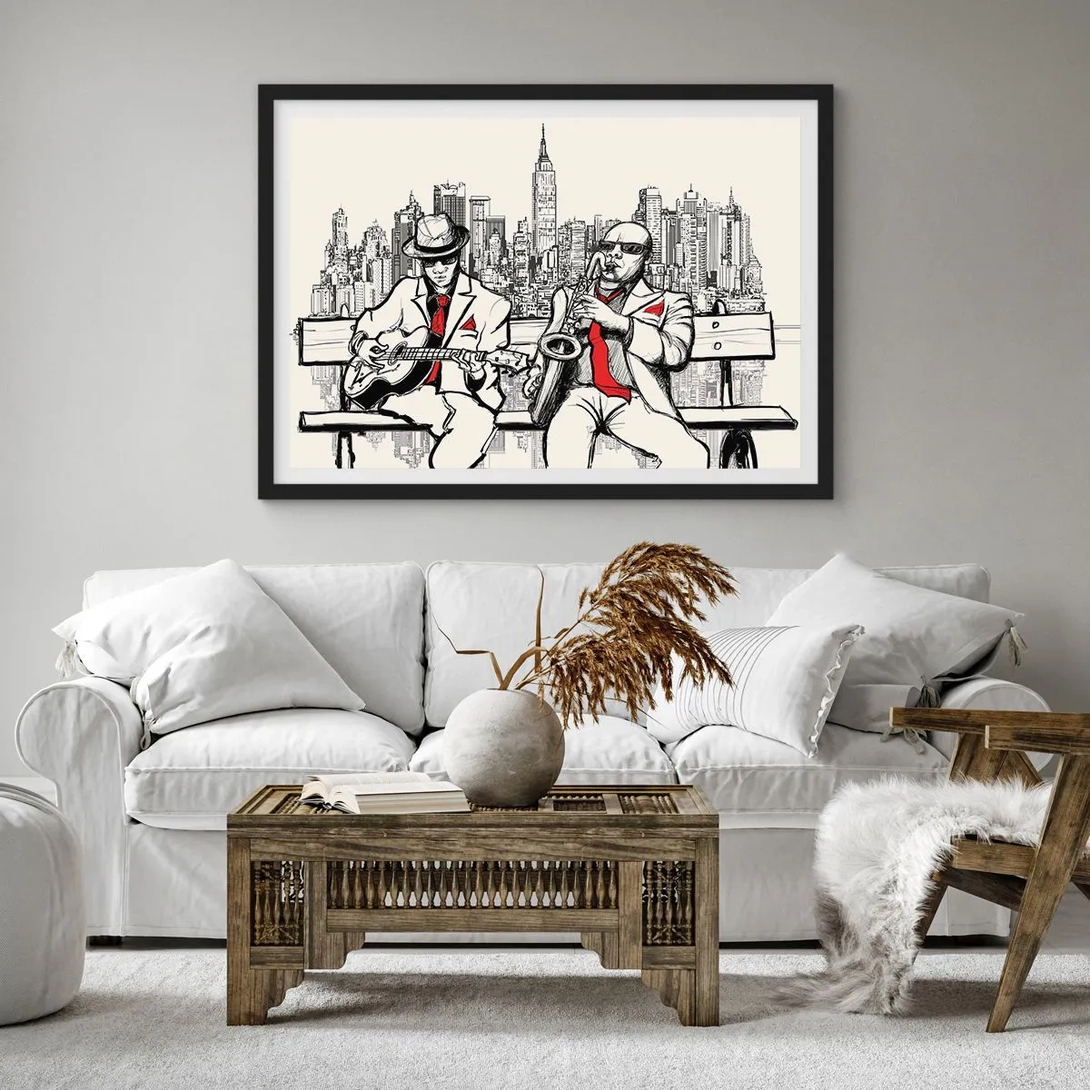 Póster en marco negro - Un dúo de jazz con saxofón y guitarra con la ciudad como telón de fondo. - 70x50cm - Improvisación en Nueva York - Decoración de pared moderna para salón y dormitorio ARTTOR