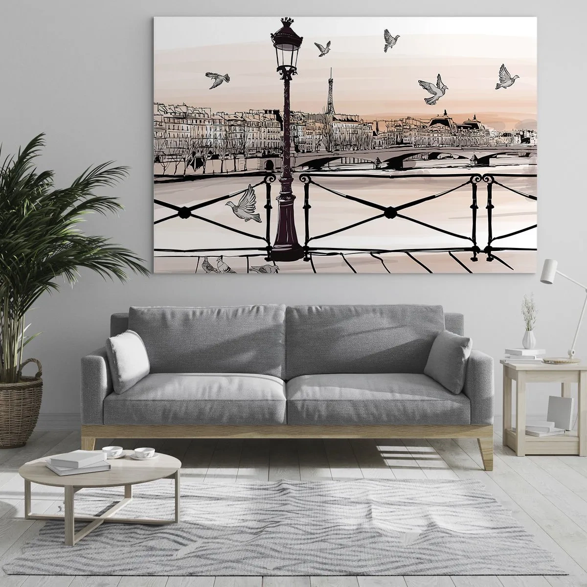 Cuadro sobre vidrio - Impresiones sobre Vidrio - Ilustración de una calle parisina con vista a la Torre Eiffel al amanecer - 100x70cm - Sobre los tejados de París - Decoración de pared moderna para salón y dormitorio ARTTOR
