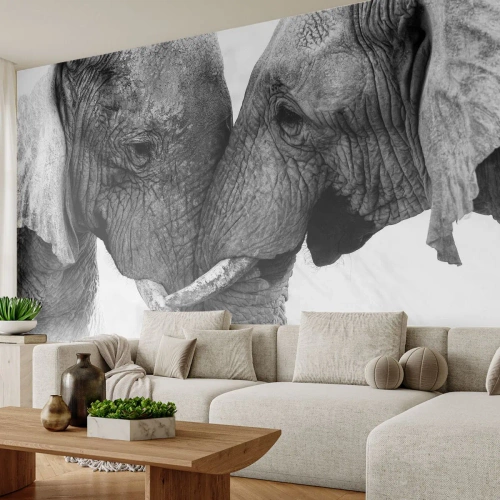 Fotomural Premium Sand - Dos elefantes con sus trompas entrelazadas en un tierno gesto de cercanía. - 100x70cm - Una confesión sincera - Decoración de pared moderna para salón y dormitorio ARTTOR