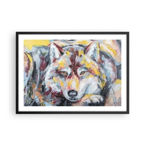 Póster en marco negro - Retrato artístico de un lobo en colores intensos. - 70x50cm - Pinceladas de lobo - Decoración de pared moderna para salón y dormitorio ARTTOR