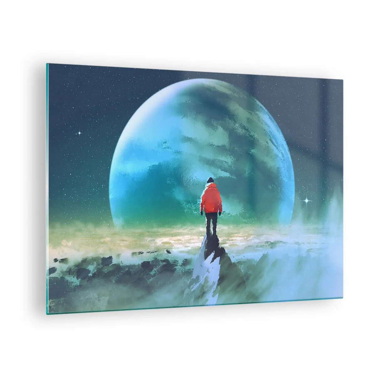 Cuadro sobre vidrio - Impresiones sobre Vidrio - Una figura con una chaqueta roja con un enorme planeta y estrellas como telón de fondo. - 70x50cm - Descubridor de una nueva Tierra - Decoración de pared moderna para salón y dormitorio ARTTOR