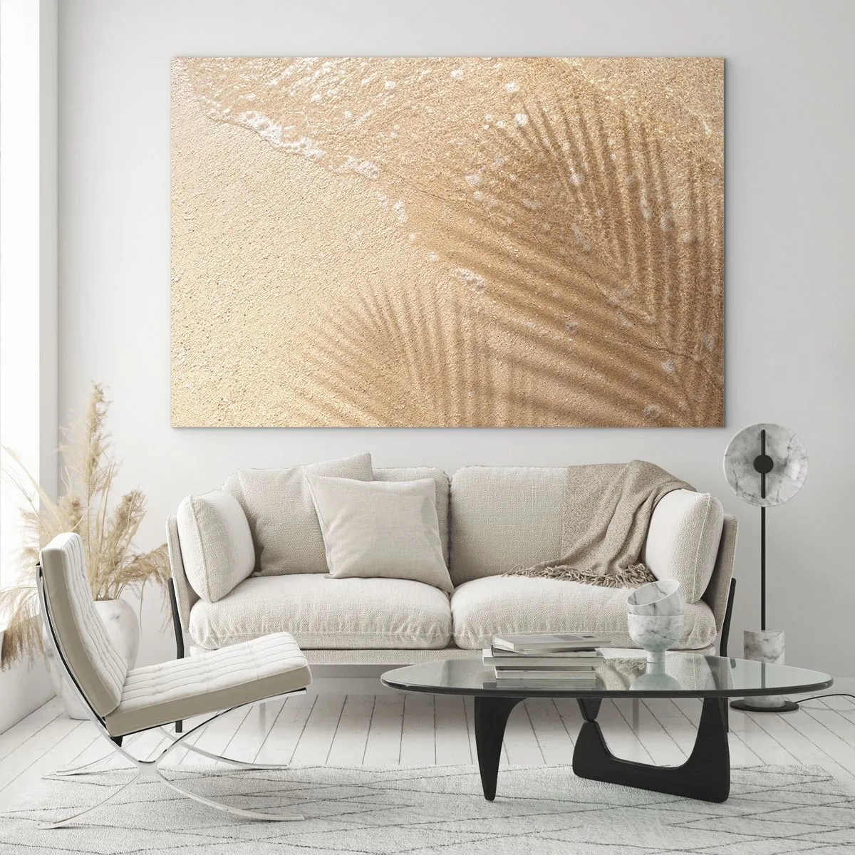 Cuadro sobre vidrio - Impresiones sobre Vidrio - Playa y sombra en la arena - 100x70cm - La sombra de un verano caluroso - Decoración de pared moderna para salón y dormitorio ARTTOR
