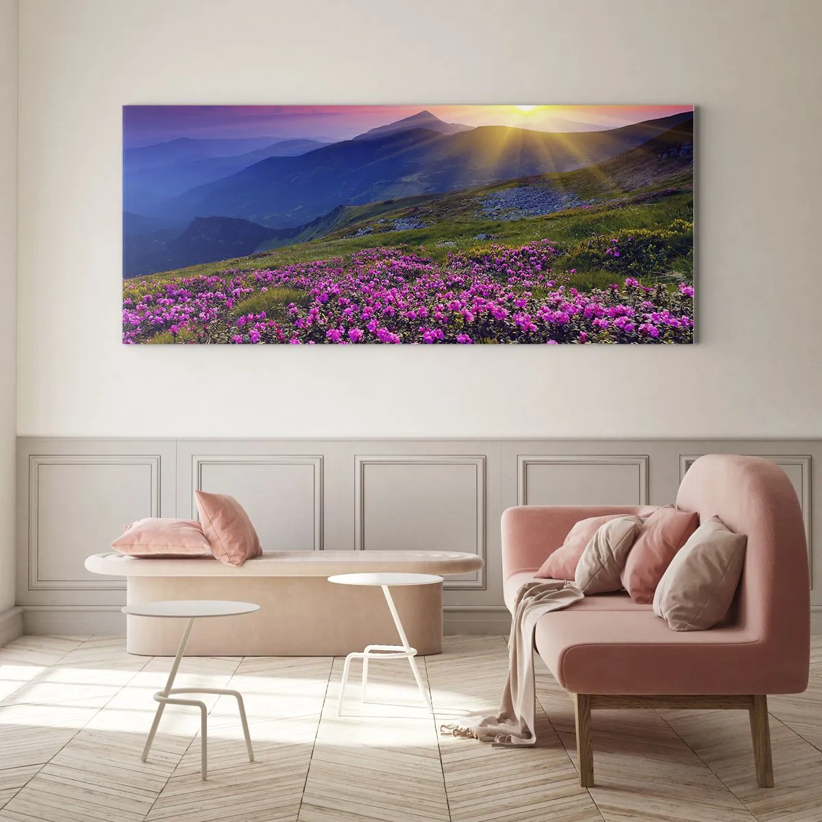 Cuadro sobre vidrio - Impresiones sobre Vidrio - Un prado florido con vistas a las montañas durante la puesta de sol. - 140x50cm - ... Y el aroma a hierbas está por todas partes - Decoración de pared moderna para salón y dormitorio ARTTOR