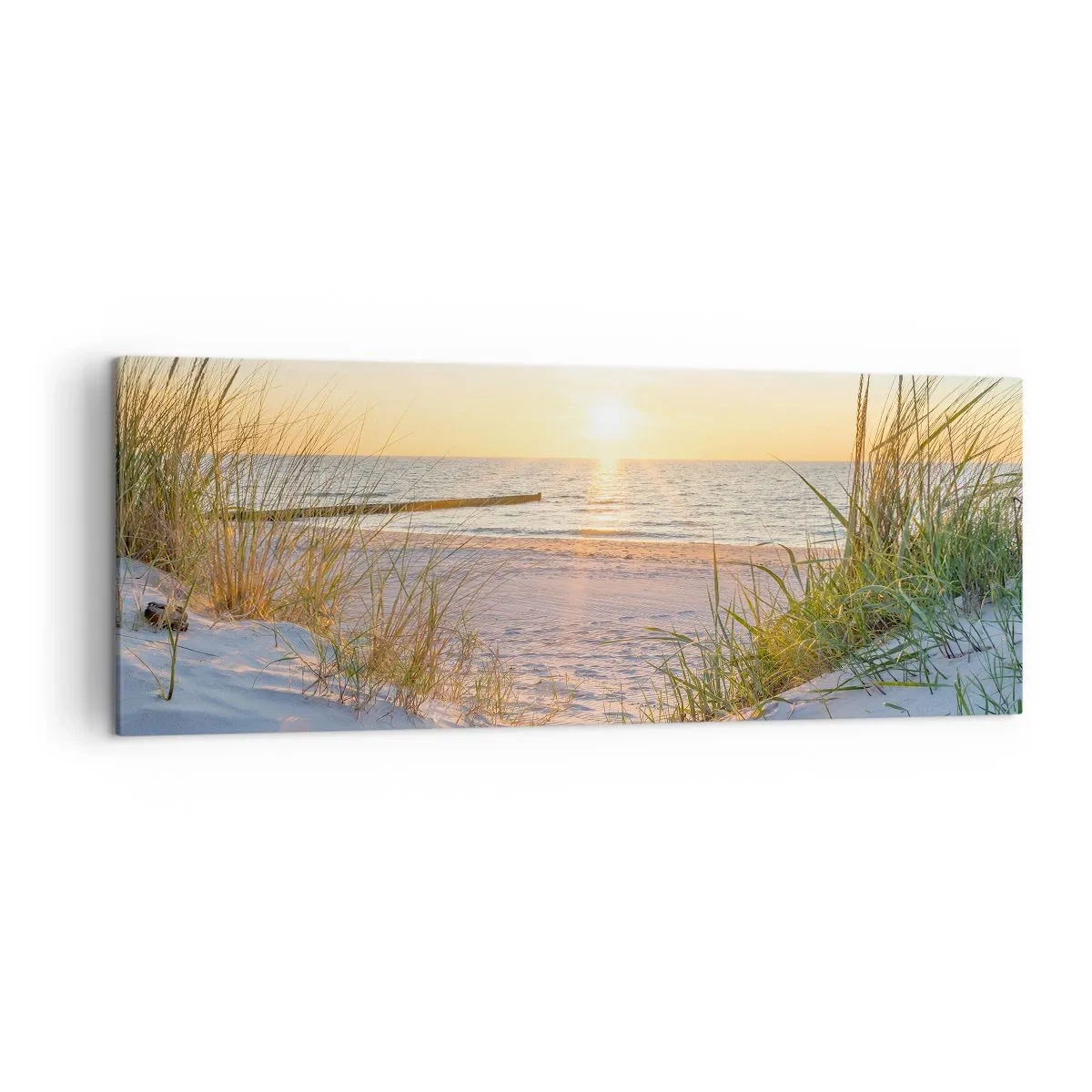 Cuadro sobre lienzo - Impresión de Imagen - Una playa de arena con vistas a la puesta de sol sobre el mar. - 140x50cm - El sonido del mar, el canto de los pájaros, una playa virgen entre las dunas... - Decoración de pared moderna para salón y dormitorio A