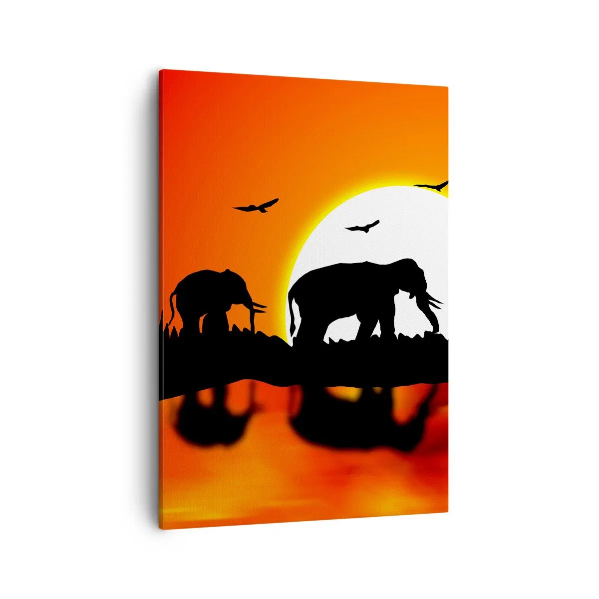 Cuadro sobre lienzo - Impresión de Imagen - Siluetas de elefantes al atardecer sobre el agua con reflejo - 50x70cm - La noche es para tomar una copita - Decoración de pared moderna para salón y dormitorio ARTTOR