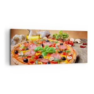 Cuadro sobre lienzo - Impresión de Imagen - Deliciosa pizza en una mesa de madera con ingredientes. - 120x50cm - Con un verdadero sabor italiano - Decoración de pared moderna para salón y dormitorio ARTTOR