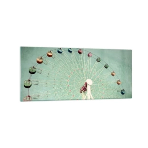 Cuadro sobre vidrio - Impresiones sobre Vidrio - Una noria colorida contra un cielo azul en estilo retro. - 120x50cm - Te invitamos a jugar - Decoración de pared moderna para salón y dormitorio ARTTOR