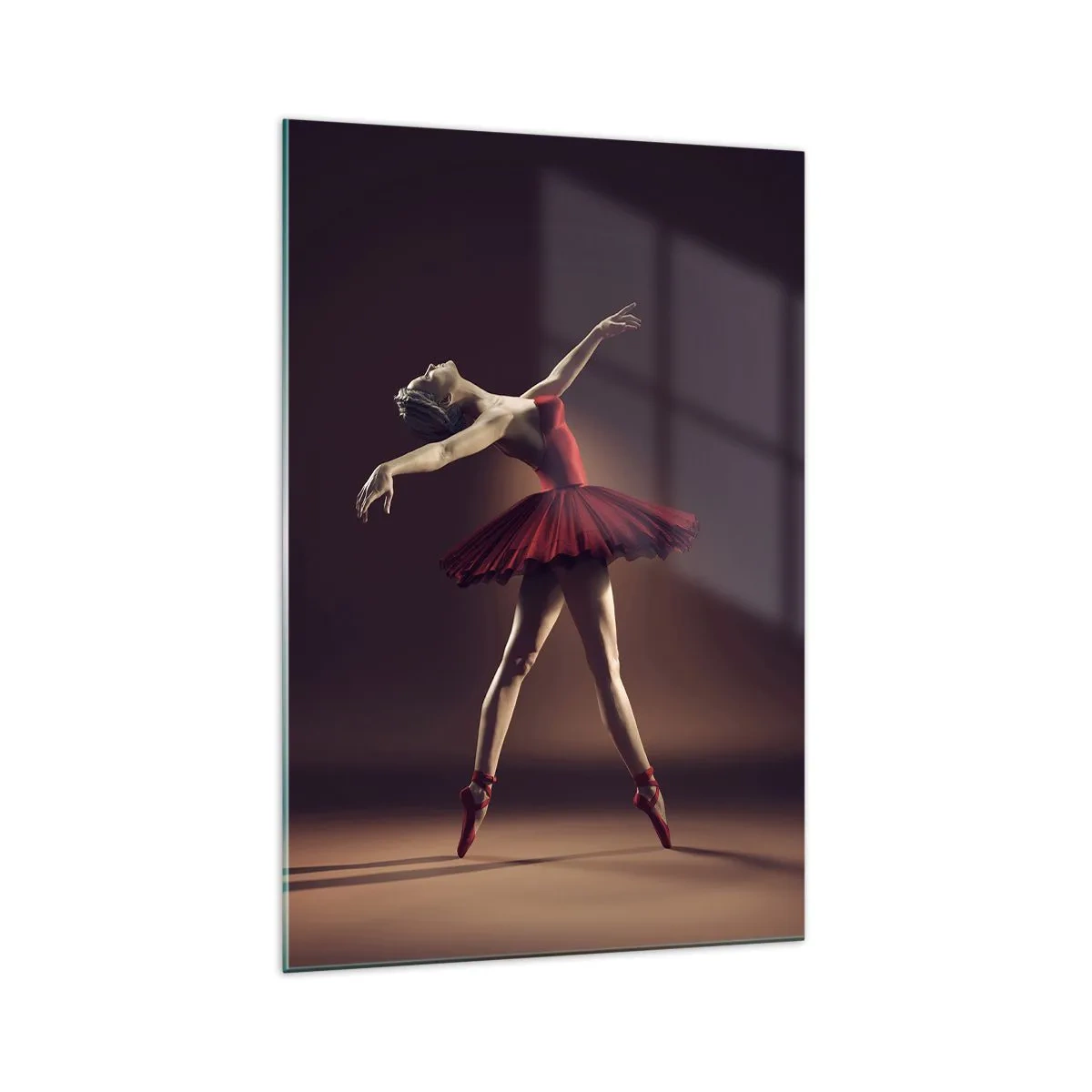 Cuadro sobre vidrio - Impresiones sobre Vidrio - Una bailarina de ballet con un vestido rojo frente a un escenario de fondo. - 70x100cm - Primera bailarina - Decoración de pared moderna para salón y dormitorio ARTTOR