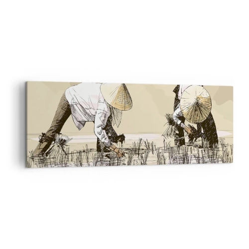 Cuadro sobre lienzo - Impresión de Imagen - Agricultores trabajando en un campo de arroz con sombreros tradicionales - 140x50cm - De una cosecha exitosa - Decoración de pared moderna para salón y dormitorio ARTTOR