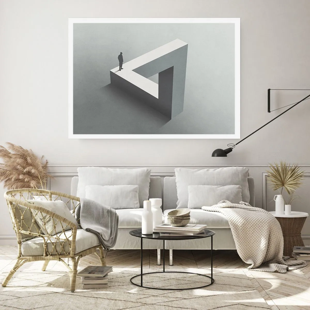 Póster - Una figura parada sobre un triángulo de Penrose en tonos de gris. - 100x70cm - Y, sin embargo, es posible - Decoración de pared moderna para salón y dormitorio ARTTOR
