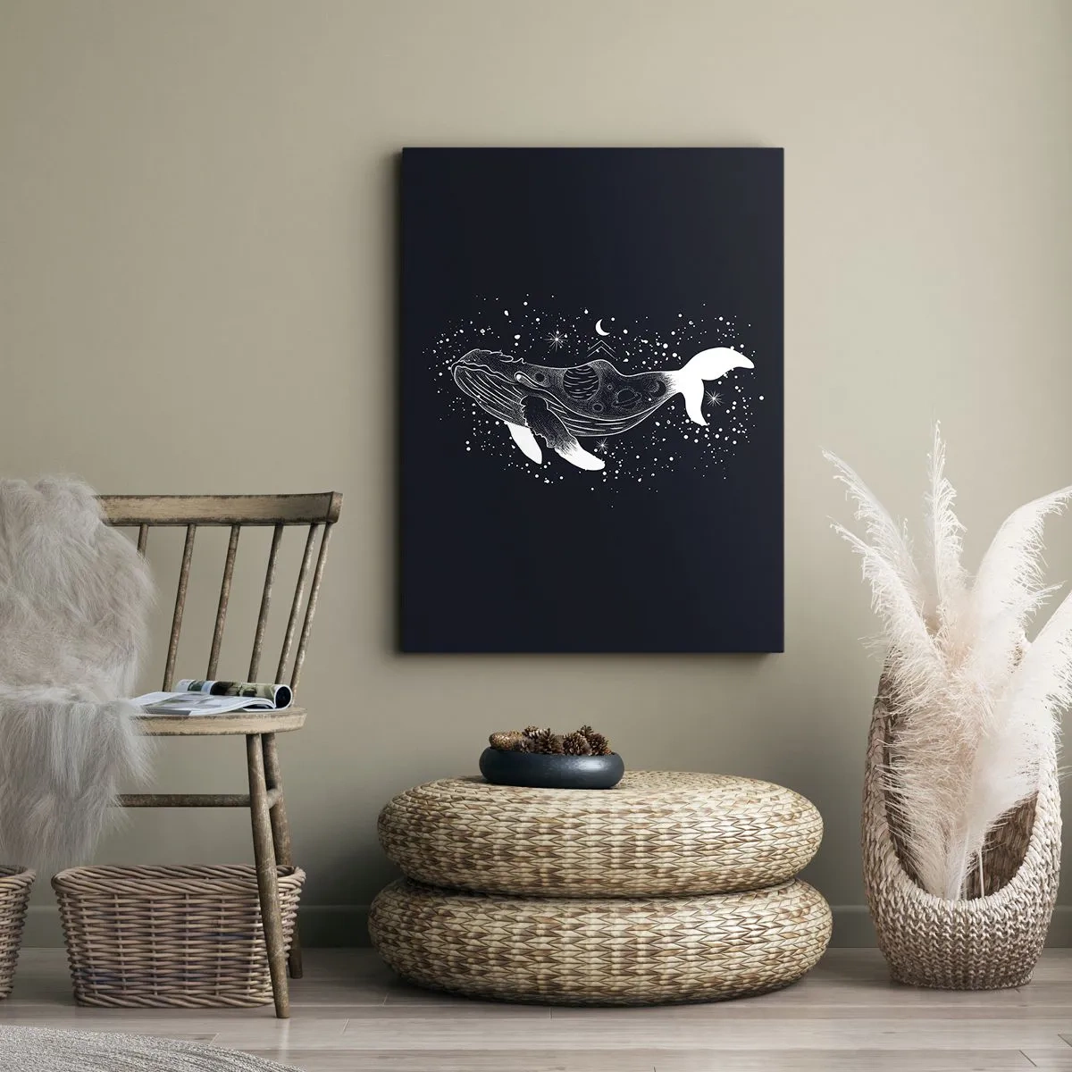 Cuadro sobre lienzo - Impresión de Imagen - Una ilustración gráfica de una ballena en estilo espacial. - 50x70cm - En el océano del universo - Decoración de pared moderna para salón y dormitorio ARTTOR