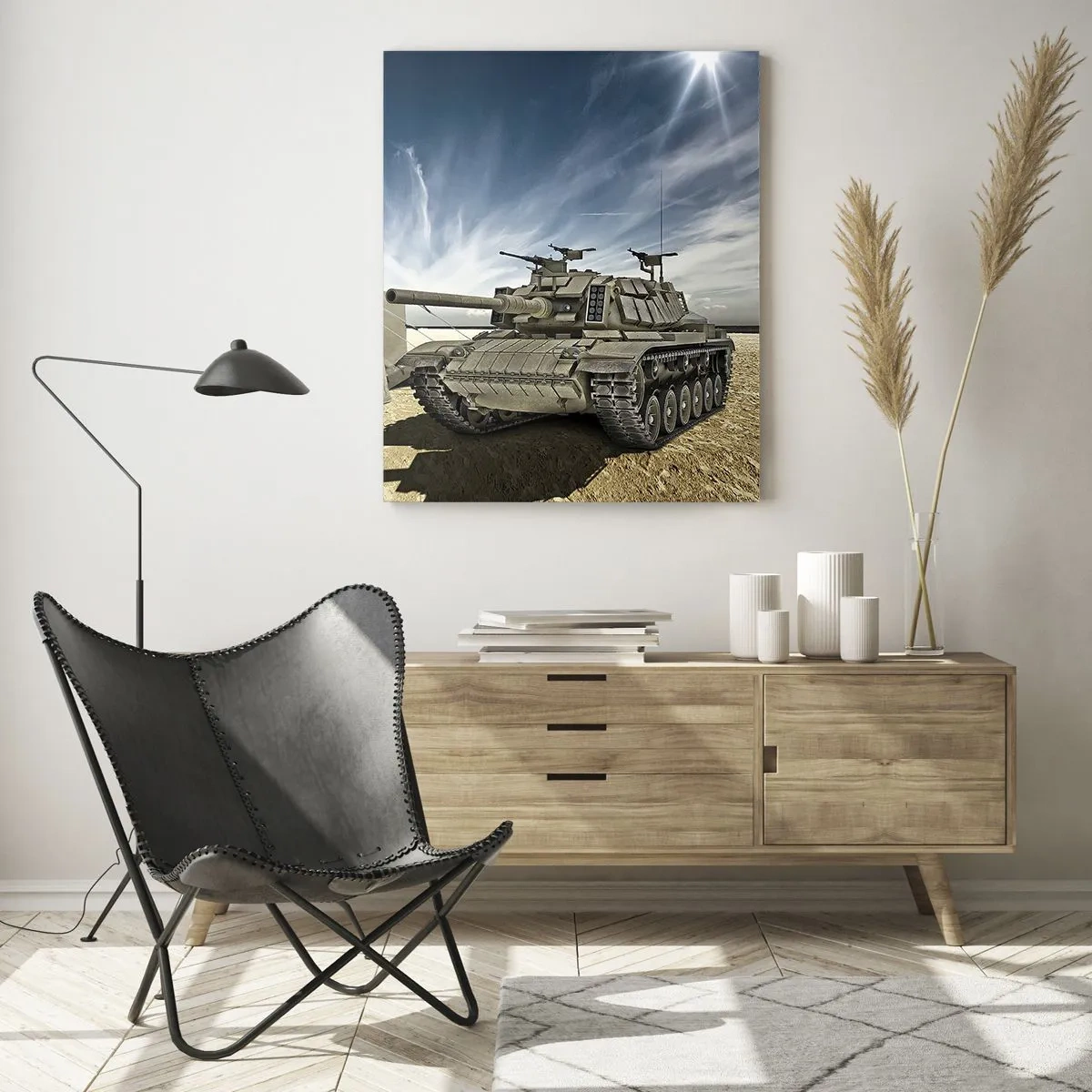 Cuadro sobre vidrio - Impresiones sobre Vidrio - Un tanque y una tienda de campaña en un fondo desértico bajo un cielo azul. - 50x70cm - Campaña militar - Decoración de pared moderna para salón y dormitorio ARTTOR