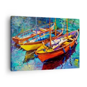Cuadro sobre lienzo - Impresión de Imagen - Barcos coloridos en aguas tranquilas - 70x50cm - Sobre el agua espesa de color - Decoración de pared moderna para salón y dormitorio ARTTOR
