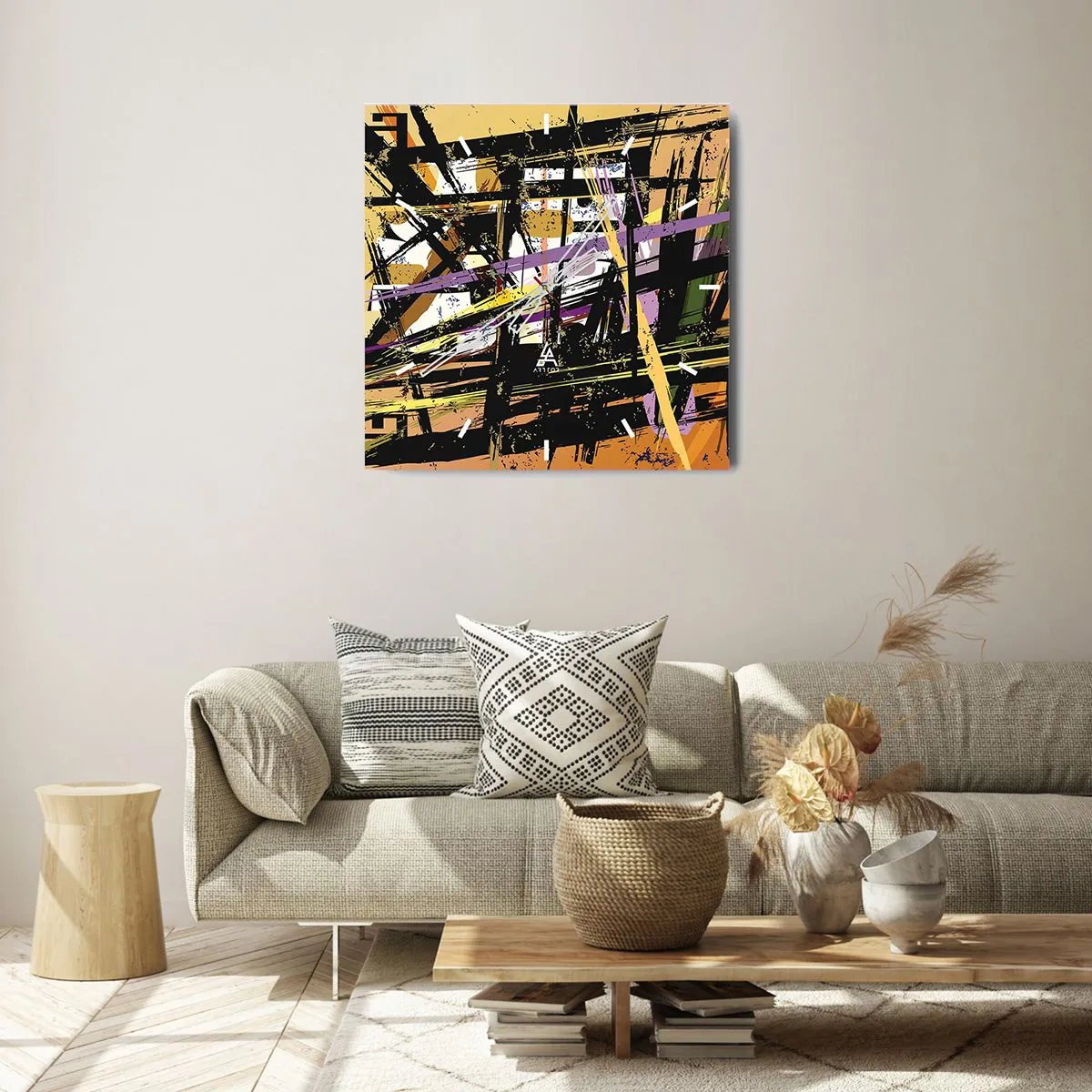 Reloj de pared - Reloj de vidrio - Líneas y formas abstractas sobre un fondo beige - 30x30cm - Corte afilado - Decoración de pared moderna para salón y dormitorio ARTTOR