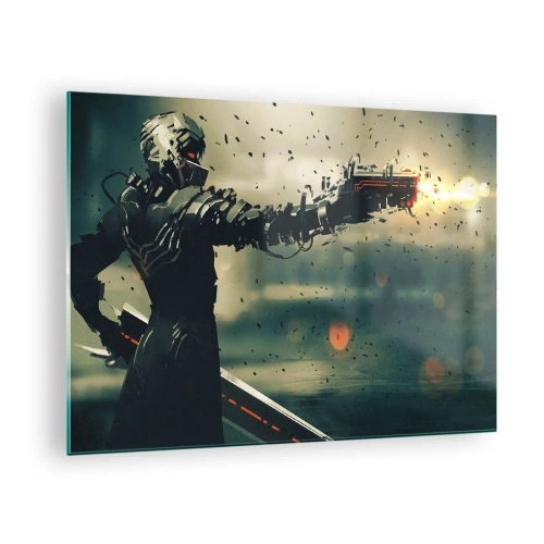 Cuadro sobre vidrio - Impresiones sobre Vidrio - Un guerrero cibernético de estilo futurista con armas de energía. - 70x50cm - Arma letal: tu propio Terminator - Decoración de pared moderna para salón y dormitorio ARTTOR
