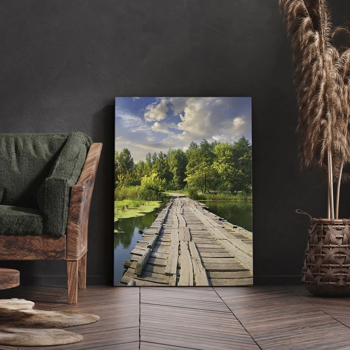 Cuadro sobre lienzo - Impresión de Imagen - Un paisaje pintoresco con un puente y un cisne. - 50x70cm - Verano, verano en todas partes - Decoración de pared moderna para salón y dormitorio ARTTOR