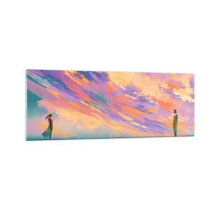 Cuadro sobre vidrio - Impresiones sobre Vidrio - Una escena dinámica con figuras contra un cielo colorido al atardecer. - 140x50cm - Fuerza de atracción - Decoración de pared moderna para salón y dormitorio ARTTOR