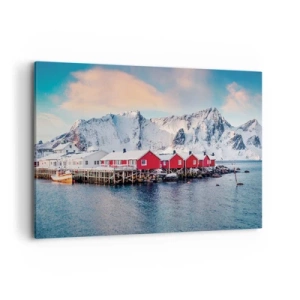 Cuadro sobre lienzo - Impresión de Imagen - Casas rojas con el telón de fondo de montañas nevadas y el mar azul. - 120x80cm - Un retiro en el norte - Decoración de pared moderna para salón y dormitorio ARTTOR