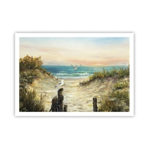 Póster - Costa con gaviotas y dunas al atardecer - 100x70cm - Un retiro ventoso - Decoración de pared moderna para salón y dormitorio ARTTOR