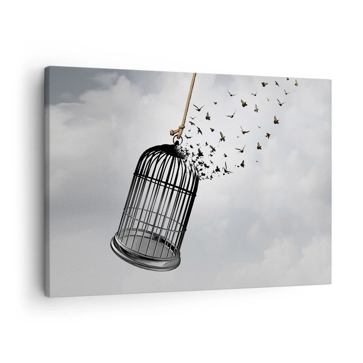Cuadro sobre lienzo - Impresión de Imagen - Pájaros volando desde una jaula contra el cielo. - 70x50cm - Fe... Esperanza... ¡Libertad! - Decoración de pared moderna para salón y dormitorio ARTTOR