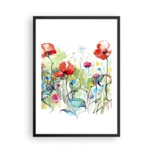 Póster en marco negro - Una pintura de acuarela de un prado con amapolas y flores silvestres. - 50x70cm - Un prado en flor en mayo - Decoración de pared moderna para salón y dormitorio ARTTOR