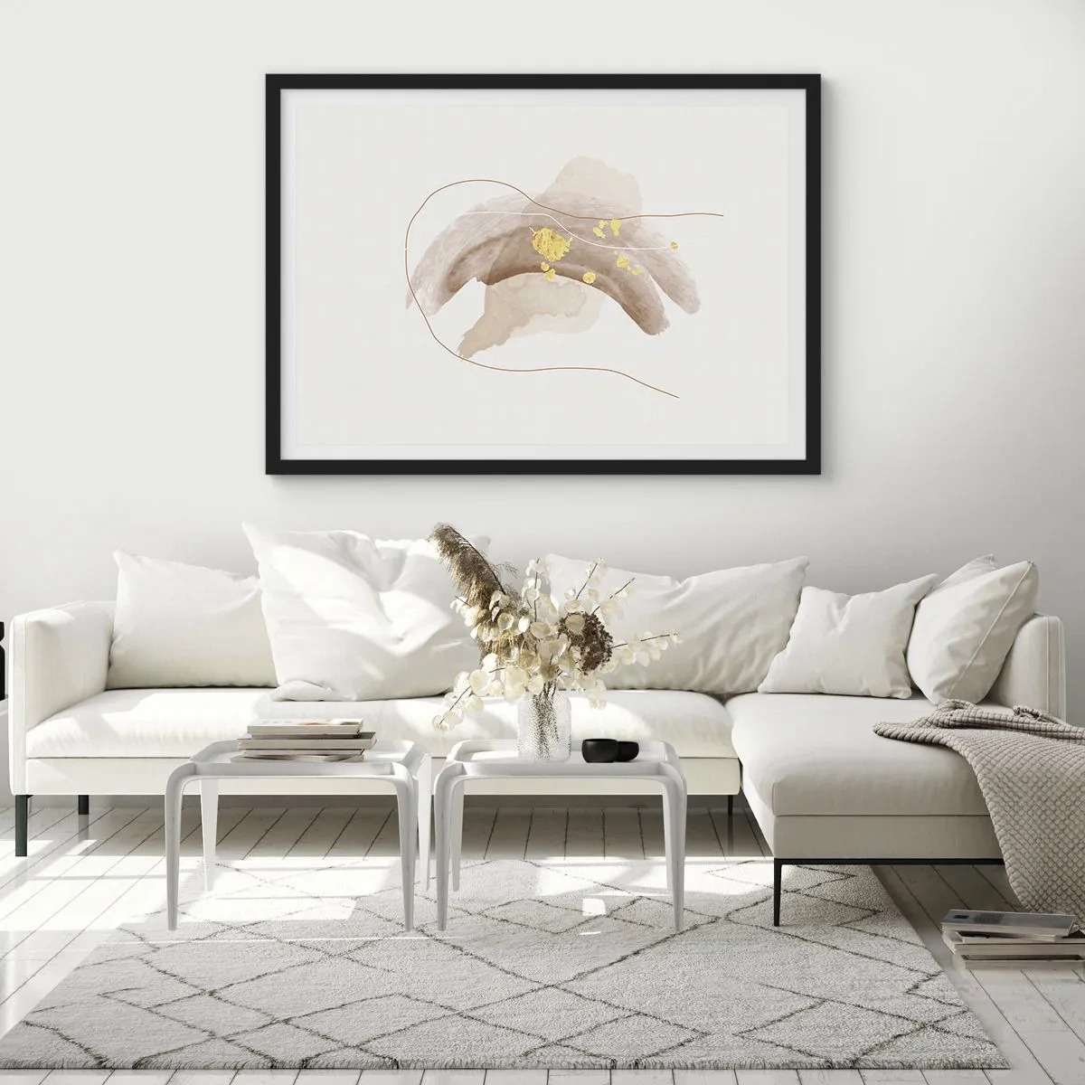 Póster en marco negro - Una composición abstracta en tonos beige y dorado. - 70x50cm - Encontrado en el espacio - Decoración de pared moderna para salón y dormitorio ARTTOR