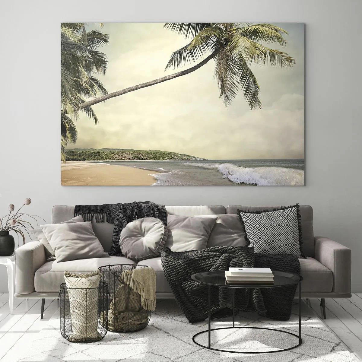 Cuadro sobre vidrio - Impresiones sobre Vidrio - Playa tropical con palmeras y olas. - 70x50cm - Sueño tropical - Decoración de pared moderna para salón y dormitorio ARTTOR