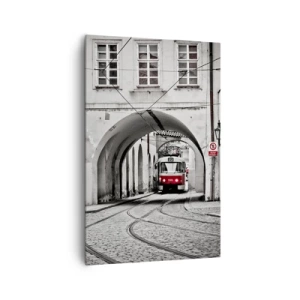 Cuadro sobre lienzo - Impresión de Imagen - Un tranvía en blanco y negro en una calle histórica de la ciudad. - 80x120cm - A través del laberinto urbano - Decoración de pared moderna para salón y dormitorio ARTTOR