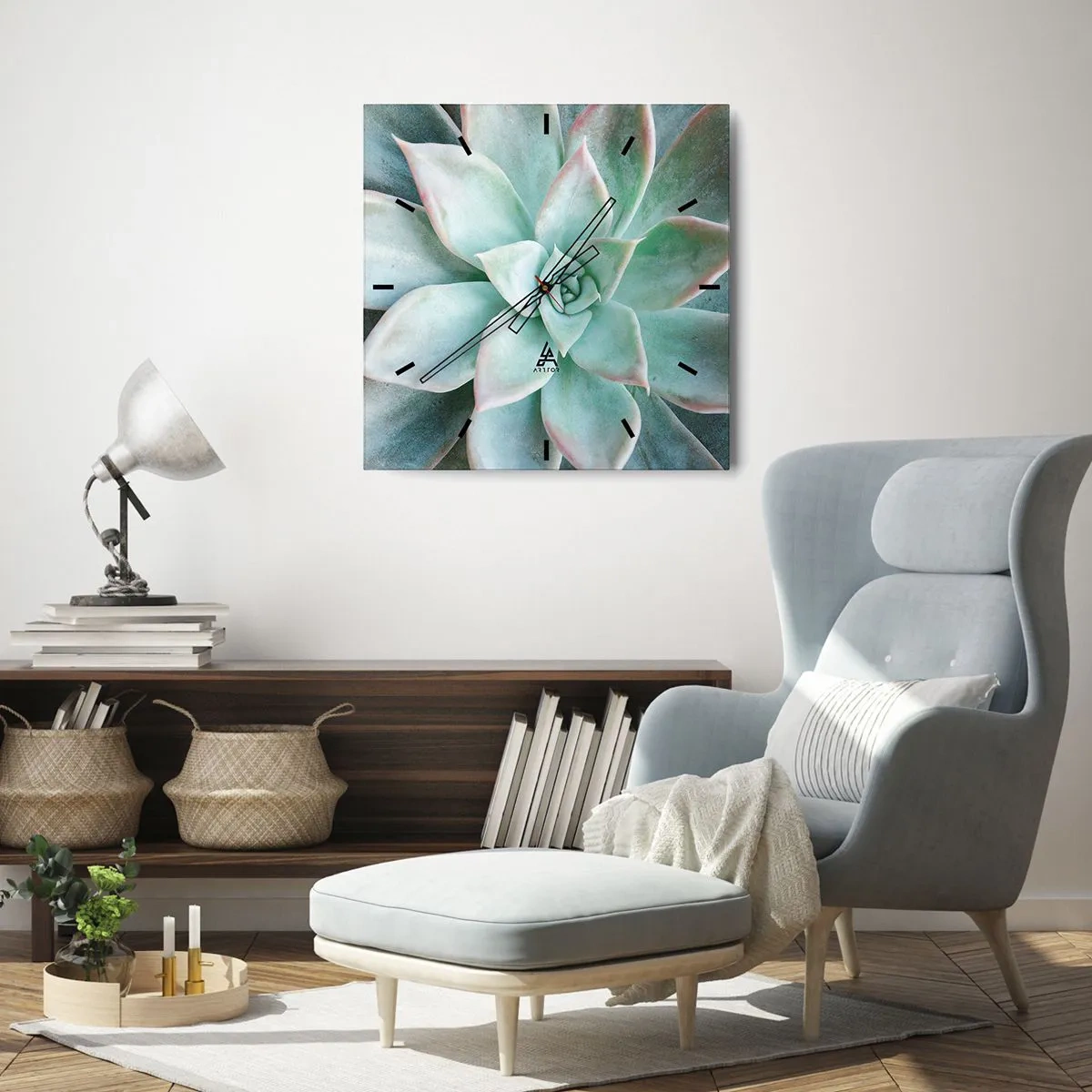 Reloj de pared - Reloj de vidrio - Primer plano de una suculenta verde - 30x30cm - El corazón del desierto - Decoración de pared moderna para salón y dormitorio ARTTOR