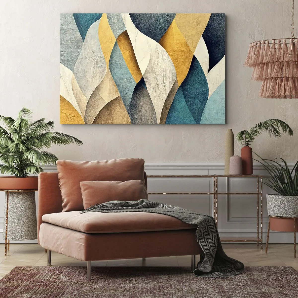 Cuadro sobre lienzo - Impresión de Imagen - Ondas abstractas en tonos azules y dorados. - 120x80cm - Ritmo y ondulación - Decoración de pared moderna para salón y dormitorio ARTTOR