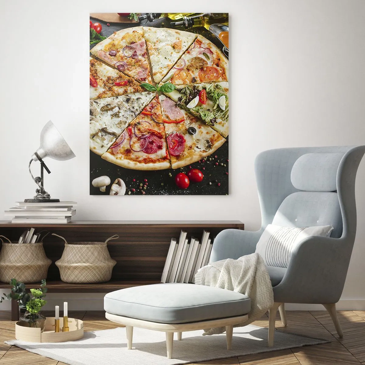 Cuadro sobre vidrio - Impresiones sobre Vidrio - Pizza de varios sabores con aderezos sobre un fondo oscuro. - 50x70cm - Una gama de gustos - Decoración de pared moderna para salón y dormitorio ARTTOR