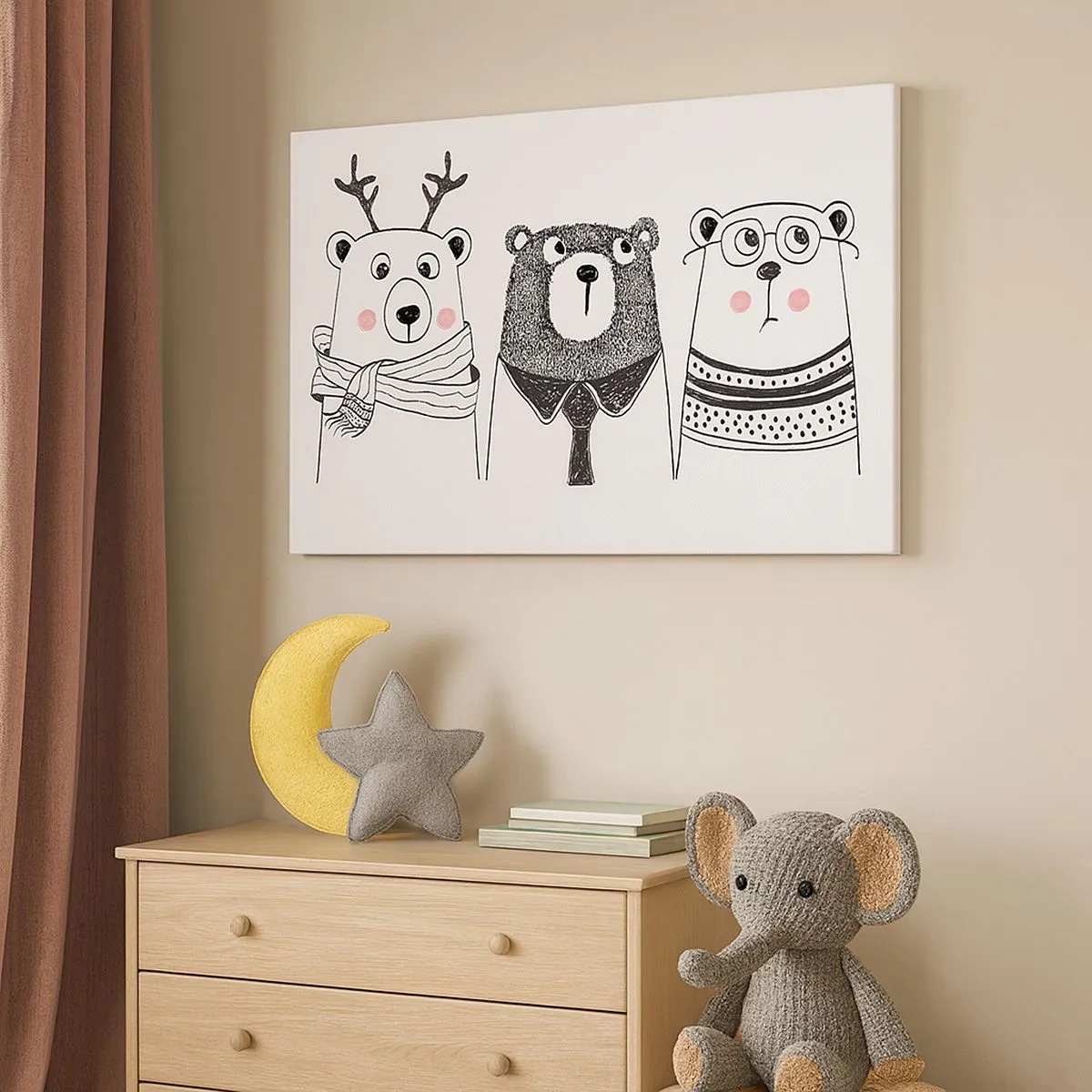 Cuadro sobre lienzo - Impresión de Imagen - Tres osos divertidos en estilo minimalista. - 70x50cm - Tres osos - Decoración de pared moderna para salón y dormitorio ARTTOR