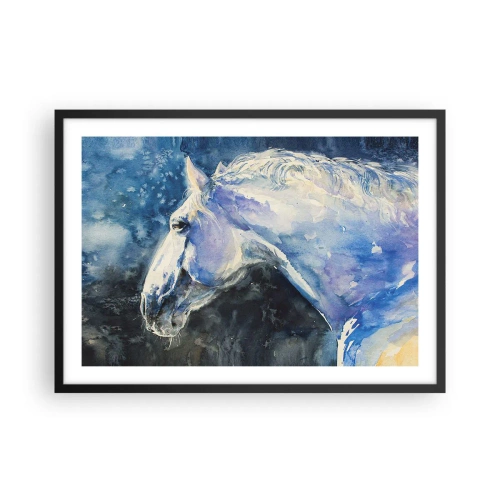 Póster en marco negro - Un retrato de un caballo en tonos azules con un efecto de acuarela pictórica. - 70x50cm - Retrato en un resplandor azul - Decoración de pared moderna para salón y dormitorio ARTTOR