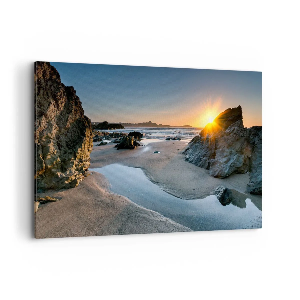 Cuadro sobre lienzo - Impresión de Imagen - Atardecer pintoresco en una playa rocosa - 120x80cm - Sin tocar por la mano del hombre - Decoración de pared moderna para salón y dormitorio ARTTOR