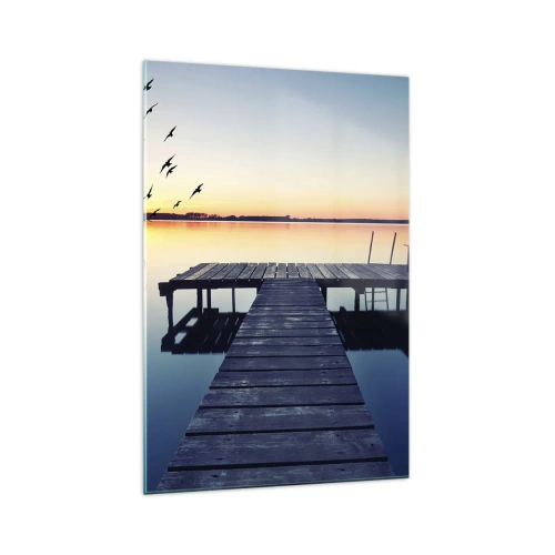 Cuadro sobre vidrio - Impresiones sobre Vidrio - Muelle de madera en un lago al amanecer con pájaros - 70x100cm - Fue un buen día - Decoración de pared moderna para salón y dormitorio ARTTOR