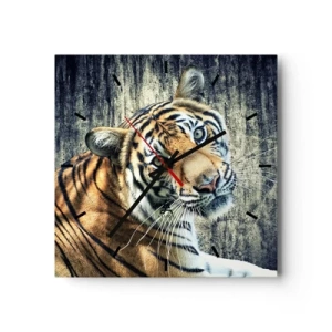 Reloj de pared - Reloj de vidrio - Un tigre recostado contra una pared de textura rugosa. - 30x30cm - Retrato en corrientes de luz - Decoración de pared moderna para salón y dormitorio ARTTOR
