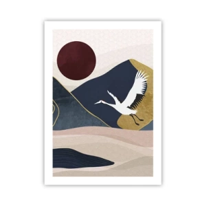 Póster - Gráfico minimalista con una grúa y un paisaje montañoso. - 50x70cm - Y el día ha vuelto a pasar volando - Decoración de pared moderna para salón y dormitorio ARTTOR
