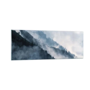 Cuadro sobre vidrio - Impresiones sobre Vidrio - La niebla se cierne sobre las laderas boscosas de las montañas en un paisaje misterioso. - 140x50cm - Misticismo de las montañas - Decoración de pared moderna para salón y dormitorio ARTTOR