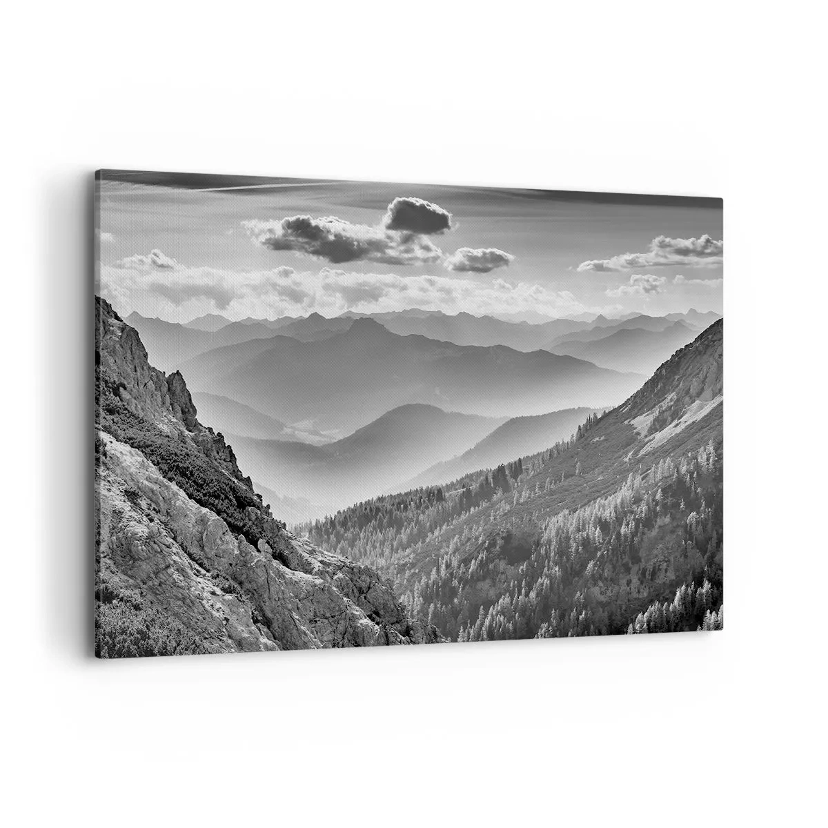 Cuadro sobre lienzo - Impresión de Imagen - Paisaje de montaña en blanco y negro con nubes sobre los picos. - 100x70cm - Hasta el horizonte - Decoración de pared moderna para salón y dormitorio ARTTOR