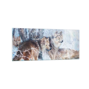 Cuadro sobre vidrio - Impresiones sobre Vidrio - Lobos en un bosque invernal con un fondo nevado - 120x50cm - ¡Cuidado! Aquí viene... - Decoración de pared moderna para salón y dormitorio ARTTOR