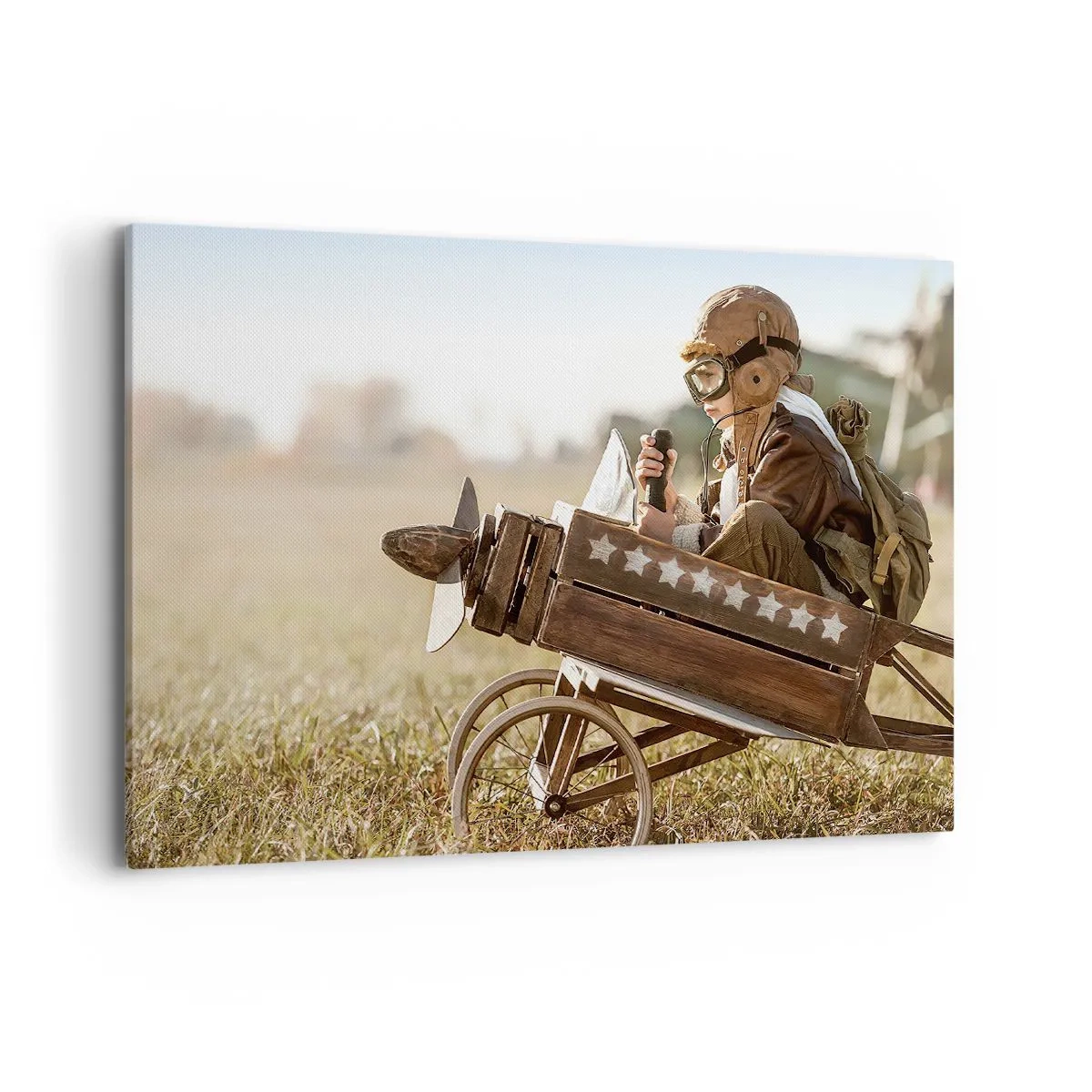 Cuadro sobre lienzo - Impresión de Imagen - Un niño en un avión de juguete con un campo al fondo. - 100x70cm - Despegue hacia un sueño - Decoración de pared moderna para salón y dormitorio ARTTOR