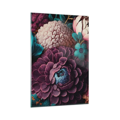 Cuadro sobre vidrio - Impresiones sobre Vidrio - Un ramo de flores en colores intensos sobre un fondo oscuro. - 80x120cm - Naturaleza en abundancia - Decoración de pared moderna para salón y dormitorio ARTTOR
