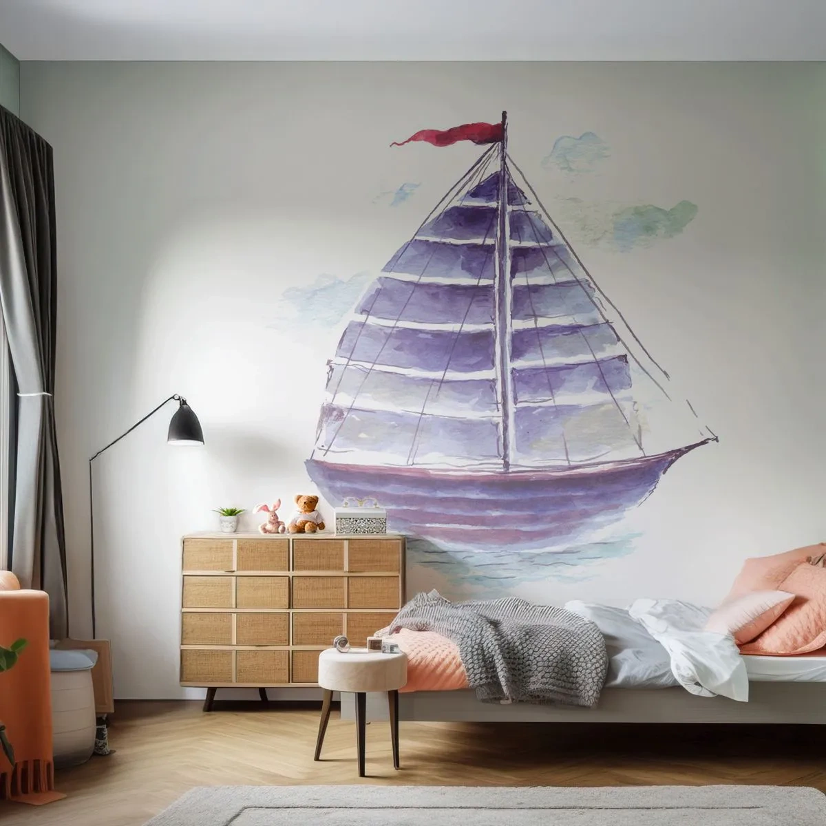 Fotomural Premium Sand - Un velero morado y blanco en un mar en calma. - 100x70cm - Velas izadas y aguas tranquilas - Decoración de pared moderna para salón y dormitorio ARTTOR
