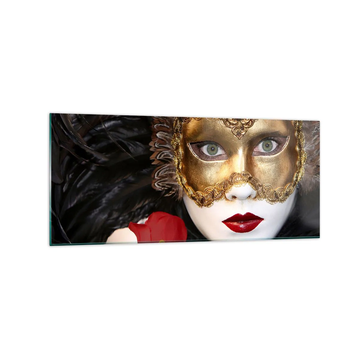 Cuadro sobre vidrio - Impresiones sobre Vidrio - Máscara veneciana dorada con plumas y rosa roja, motivo misterioso. - 120x50cm - Porque la vida es un gran baile - Decoración de pared moderna para salón y dormitorio ARTTOR